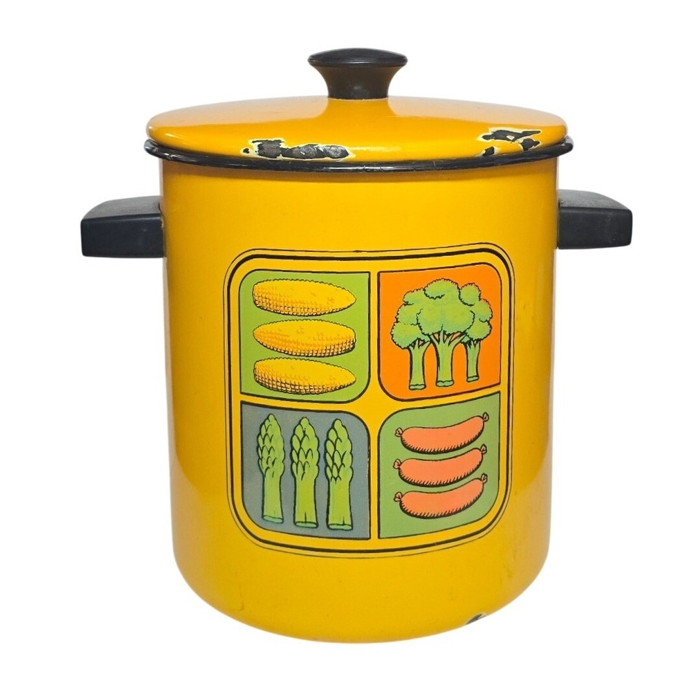 Vintage 70s Yellow Enamelware Asparagus Steamer‎ Pot with Vegetable Graphic Lid